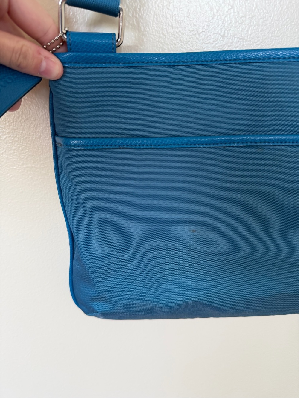 COACH Blue Nylon Crossbody Bag Messenger Shoulder Bag Leather Trim Zip Top - Picture 8 of 14